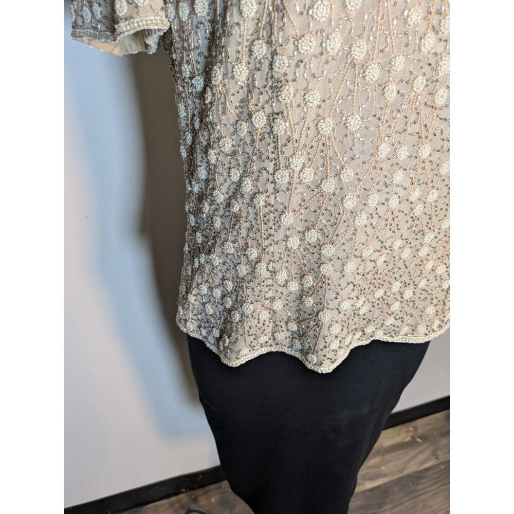 Vintage Beaded Short Sleeve Blouse Cream Floral, Size M - Picture 4 of 11